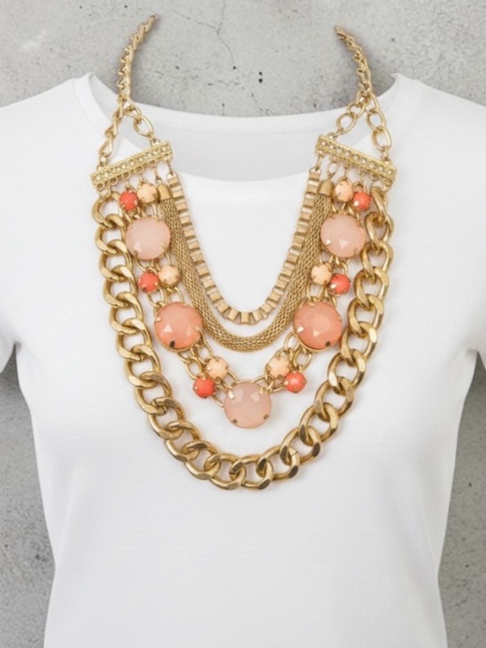 Statement Gold Tone Multi-Strand Chain Necklace with Blush Pink & Coral